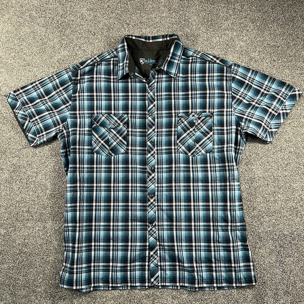 KUHL Men XXL Eluxur Plaid Short Sleeve Button Up Outdoor Hiking Shirt Blue